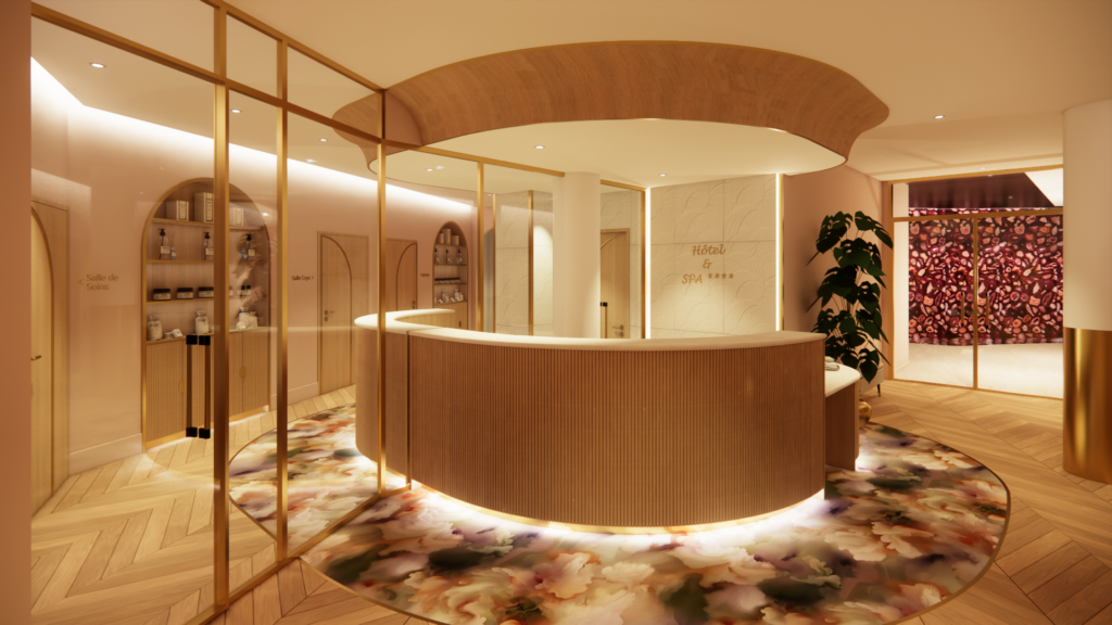 Accueil SPA Hôtel Vaillant à Sélestat - Banque d'accueil arrondie - Papier peint Arte - Moquette Moooï - Espace soins NUXE