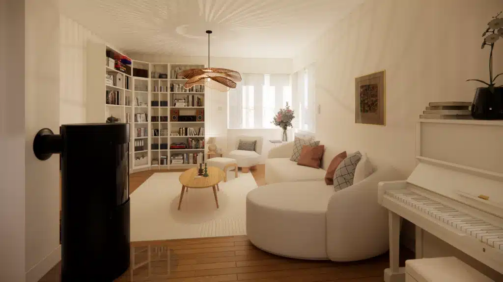 Visuel 3D d’un salon après réaménagement conçu par une architecte d’intérieur en Alsace