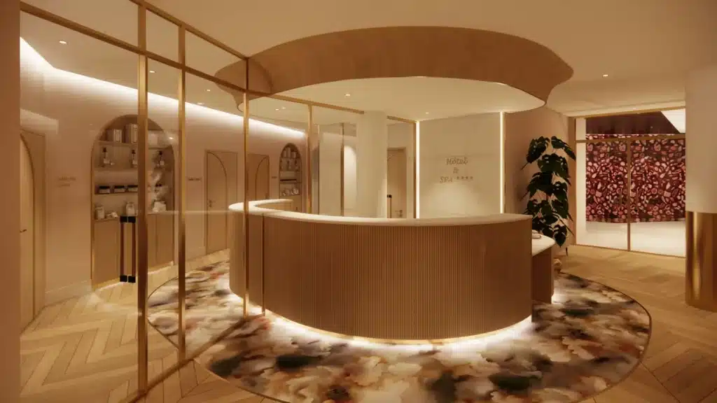 Projet d’aménagement intérieur d’un accueil d’hôtel spa conçu par une architecte d’intérieur en Alsace