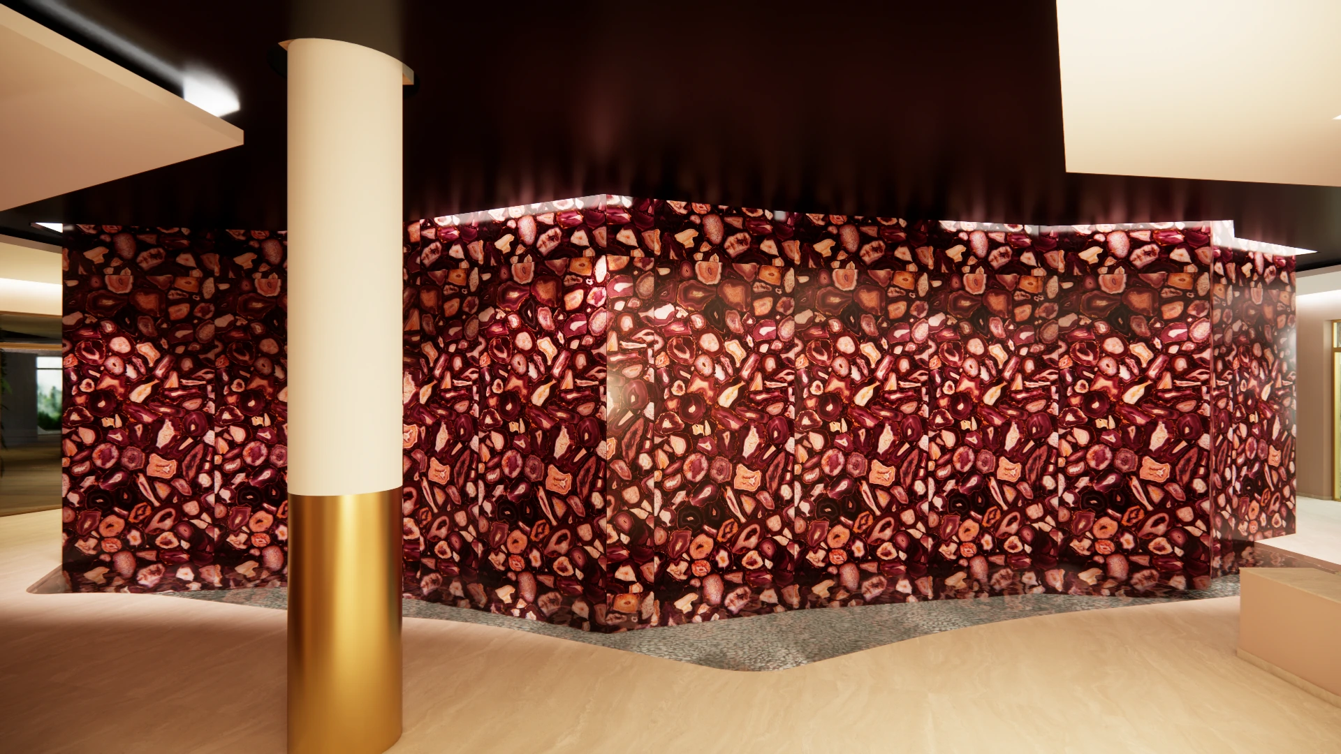 Espace intérieur d’hôtel spa avec mur décoratif minéral rouge et colonne dorée