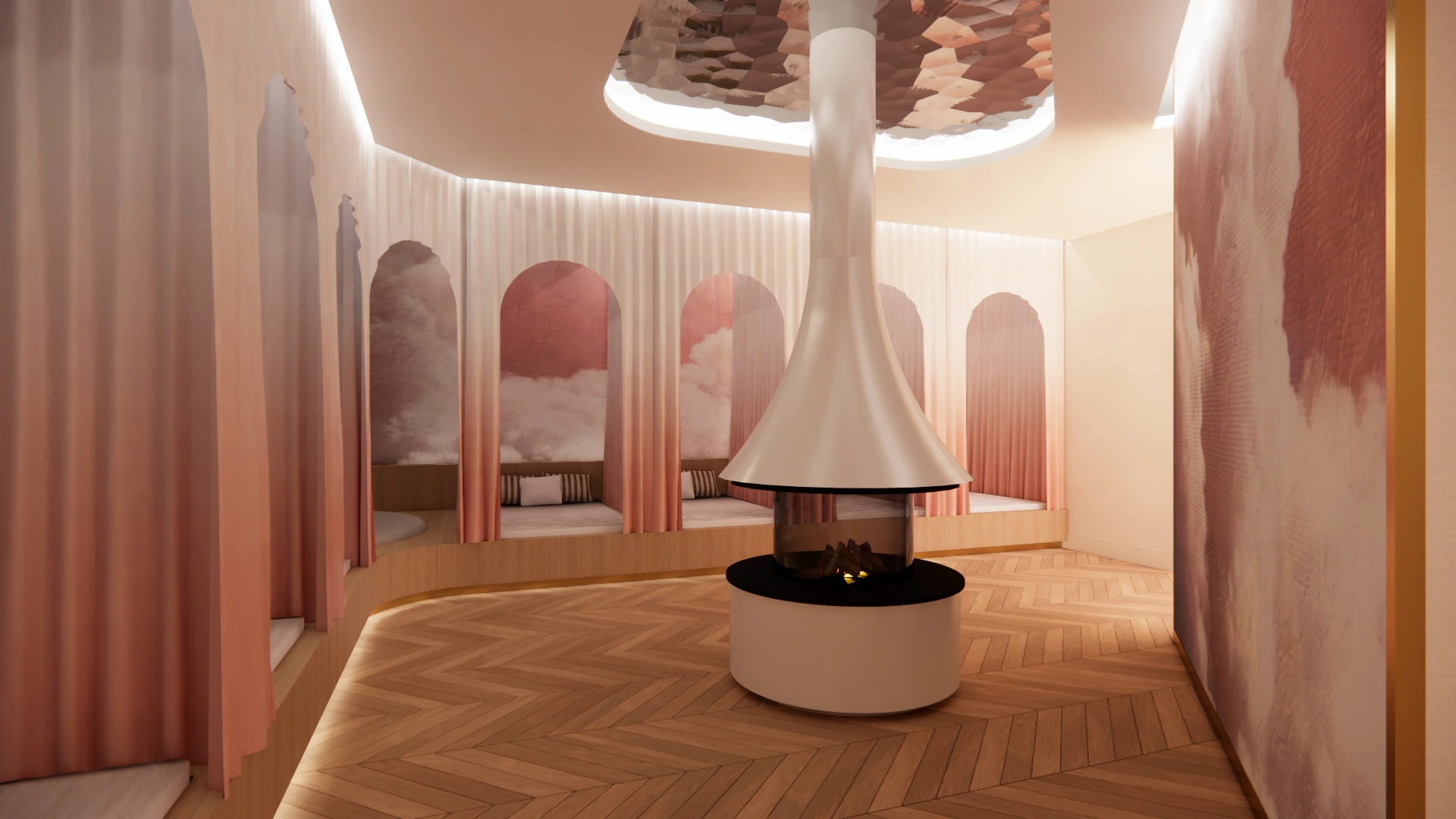 Salon lounge premium avec cheminée centrale, alcôves courbes et ambiance intérieure chaleureuse