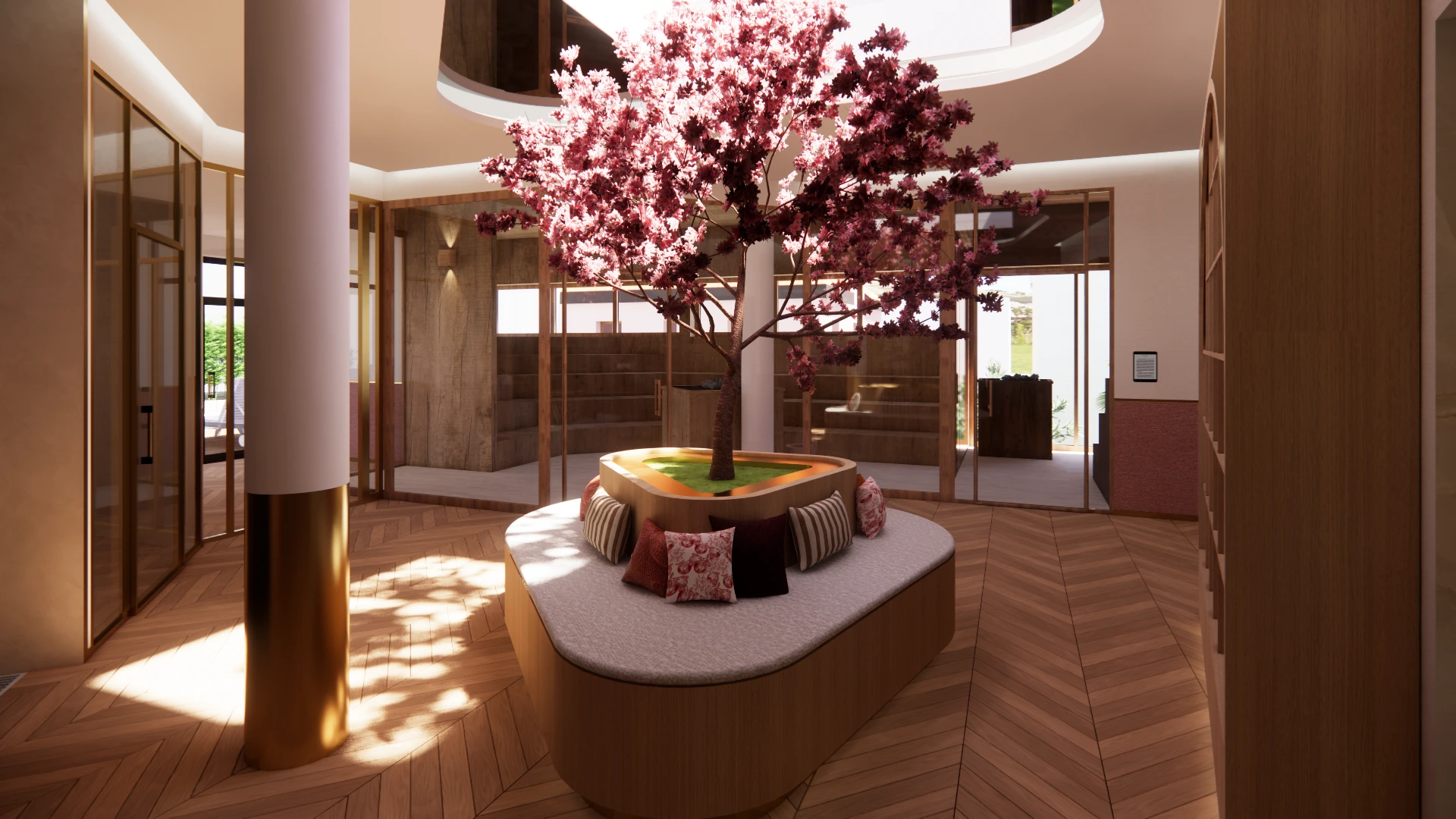 Hall intérieur avec arbre central, assise sur mesure et architecture d’intérieur premium