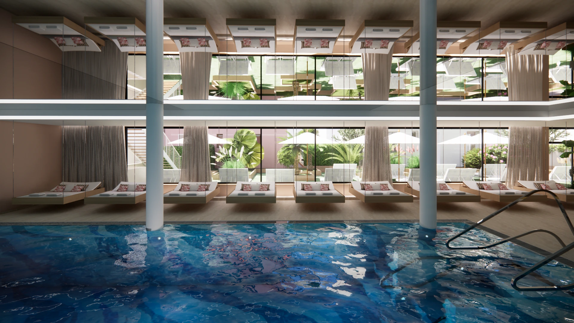 Piscine intérieure d’hôtel spa avec transats, grandes baies vitrées et ambiance bien-être premium