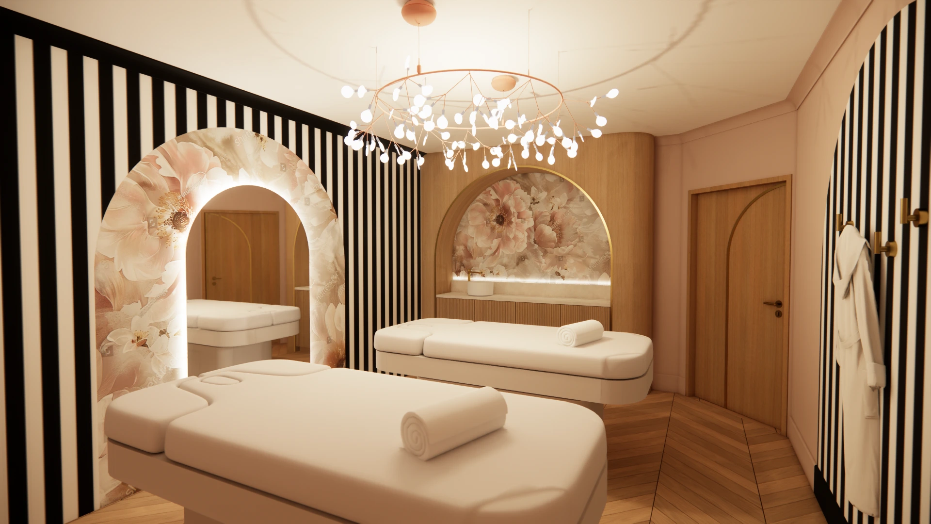 Salle de soin d’hôtel spa avec tables de massage, arches florales et décoration intérieure raffinée